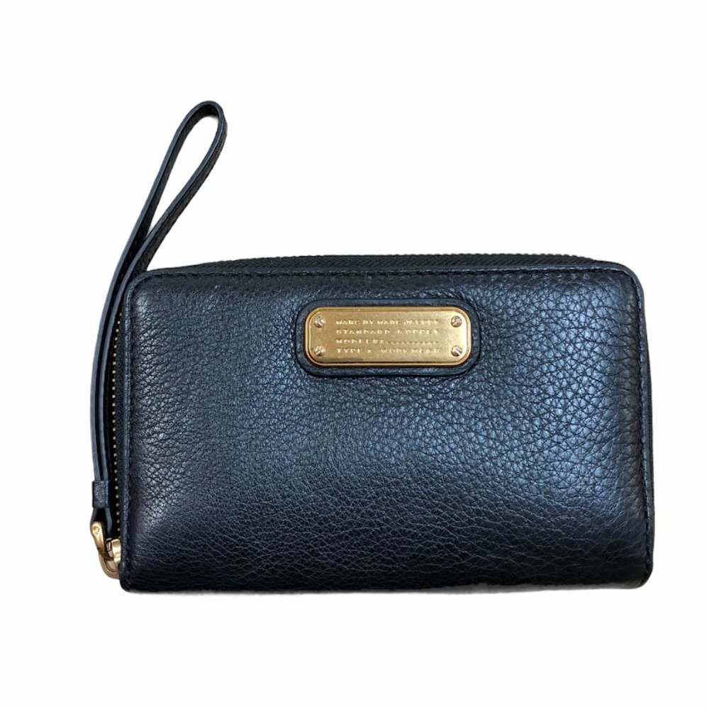 Marc Jacobs Black Leather Wristlet Wallet with Gold Plaque